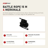 Force USA Battle Rope 15 m mit 4 Merkmalen: 15 m lang, Terylene-Polyester, UV-beständig, Gummienden