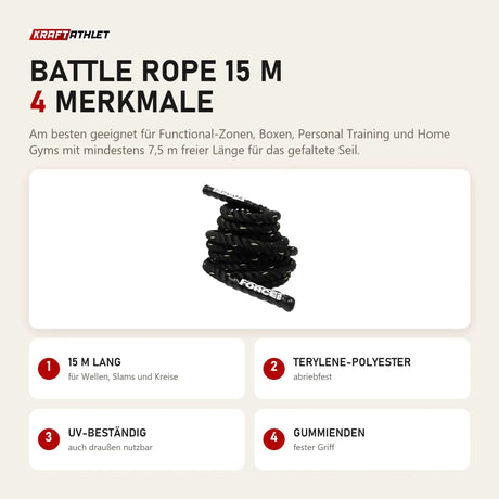 Force USA Battle Rope 15 m mit 4 Merkmalen: 15 m lang, Terylene-Polyester, UV-beständig, Gummienden