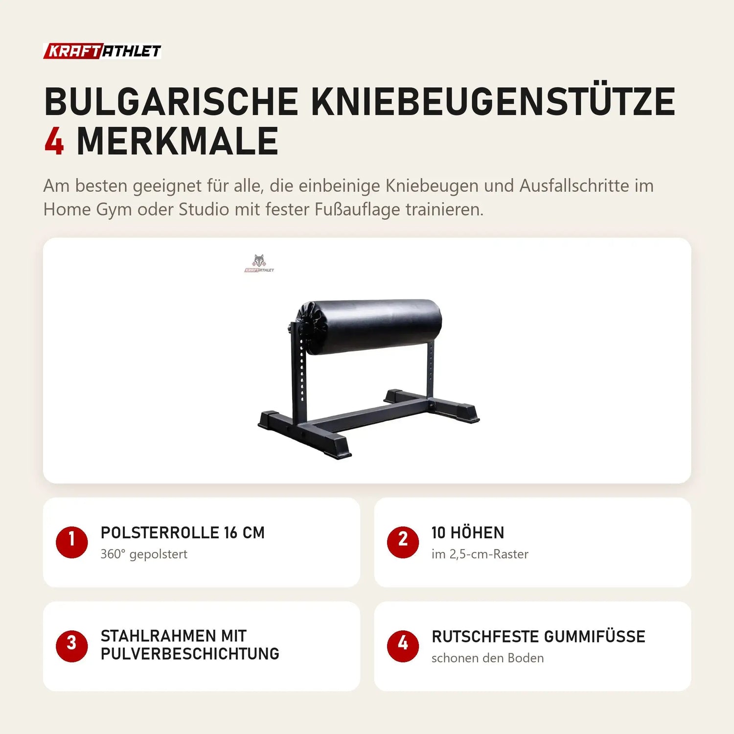 Force USA Bulgarische Kniebeugenstütze mit 4 Merkmalen: Polsterrolle 16 cm, 10 Höhen, Stahlrahmen mit Pulverbeschichtung, Rutschfeste Gummifüße