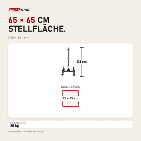 Maßbild Force USA Bumper Plate Storage Tree mit Rollen: Stellfläche 65 × 65 cm, Höhe 131 cm