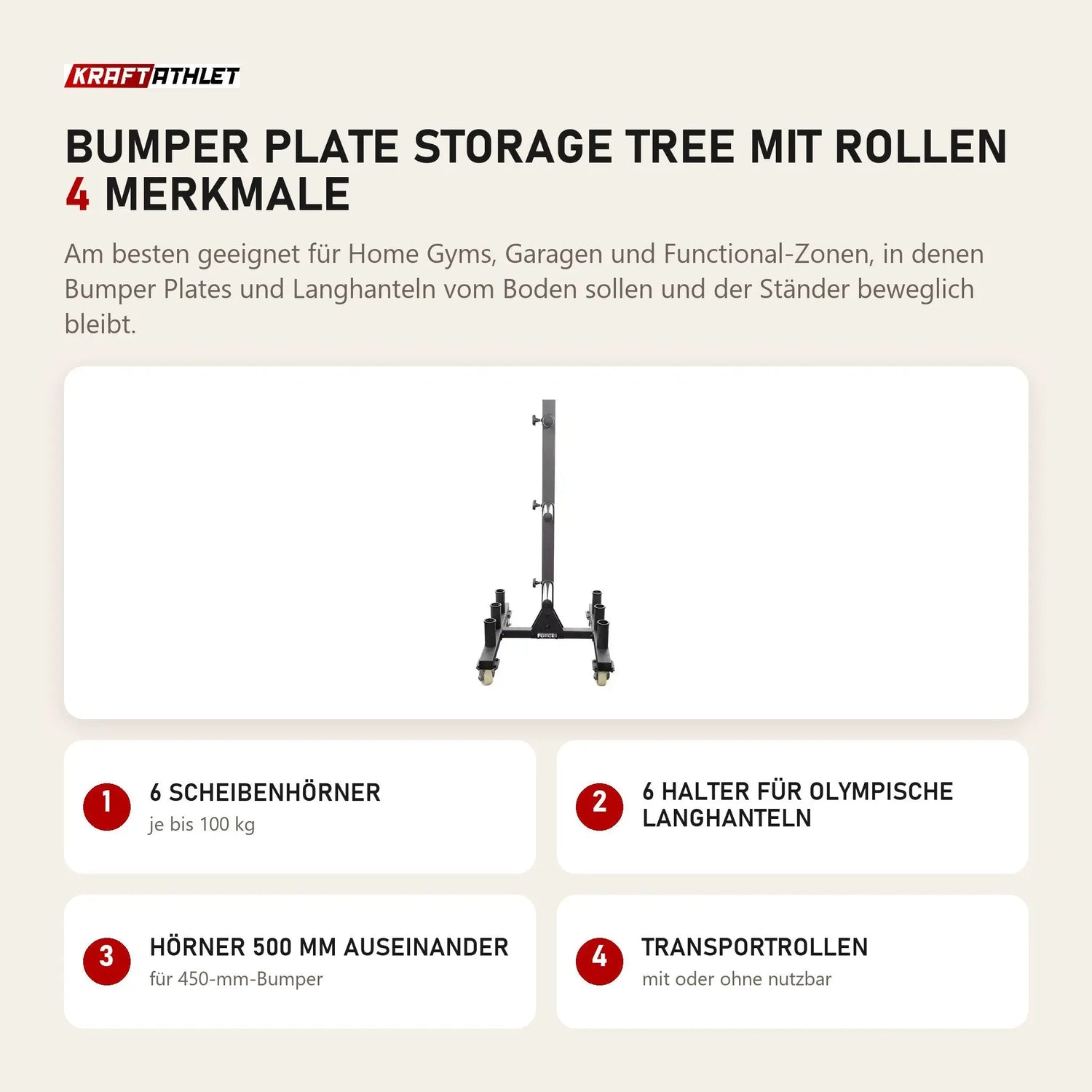 Force USA Bumper Plate Storage Tree mit Rollen mit 4 Merkmalen: 6 Scheibenhörner, 6 Halter für olympische Langhanteln, Hörner 500 mm auseinander, Transportrollen