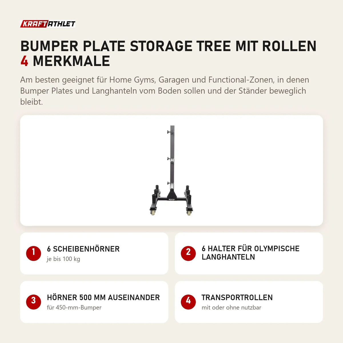 Force USA Bumper Plate Storage Tree mit Rollen mit 4 Merkmalen: 6 Scheibenhörner, 6 Halter für olympische Langhanteln, Hörner 500 mm auseinander, Transportrollen