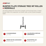 Force USA Bumper Plate Storage Tree mit Rollen mit 4 Merkmalen: 6 Scheibenhörner, 6 Halter für olympische Langhanteln, Hörner 500 mm auseinander, Transportrollen