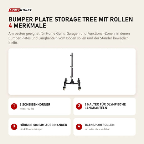 Force USA Bumper Plate Storage Tree mit Rollen mit 4 Merkmalen: 6 Scheibenhörner, 6 Halter für olympische Langhanteln, Hörner 500 mm auseinander, Transportrollen
