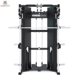 Force USA C10 All-In-One Trainer in Schwarz, Frontansicht mit Langhantelstange und Gewichtsturm