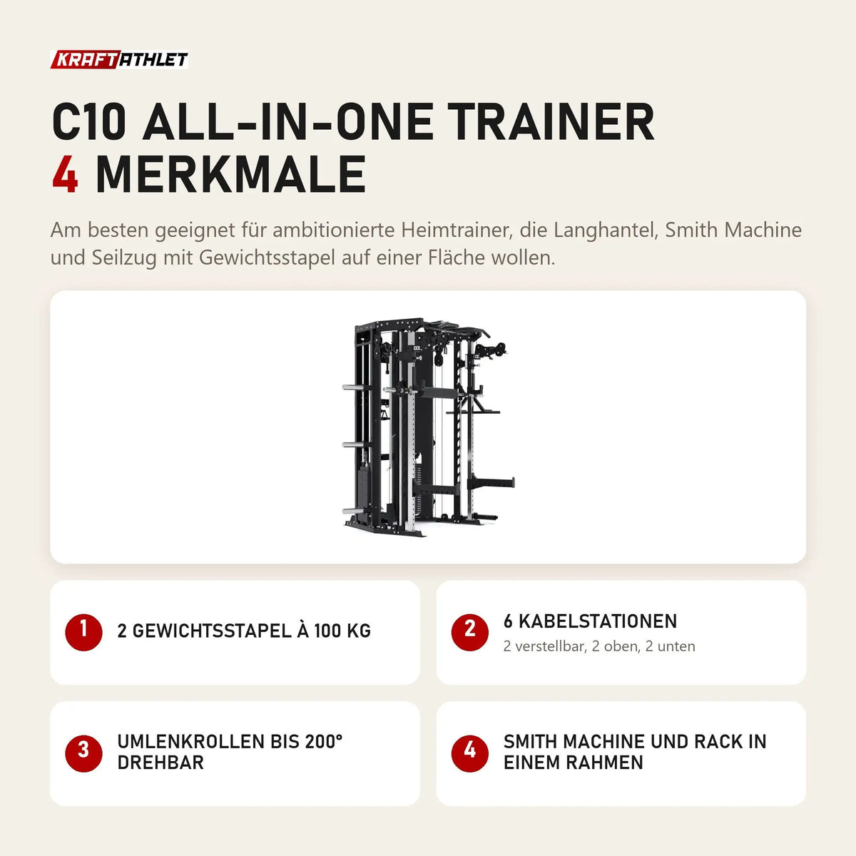 Force USA C10 All-In-One Trainer mit 4 Merkmalen: 2 Gewichtsstapel à 100 kg, 6 Kabelstationen, Umlenkrollen bis 200° drehbar, Smith Machine und Rack in einem Rahmen
