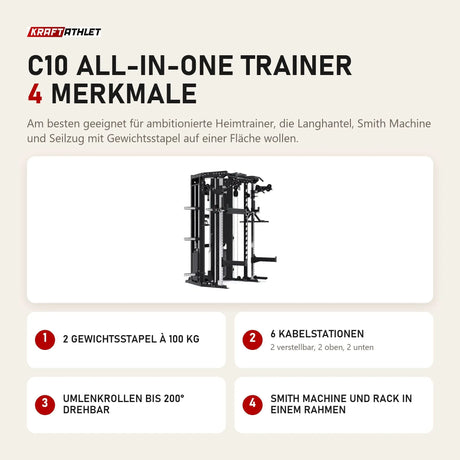Force USA C10 All-In-One Trainer mit 4 Merkmalen: 2 Gewichtsstapel à 100 kg, 6 Kabelstationen, Umlenkrollen bis 200° drehbar, Smith Machine und Rack in einem Rahmen