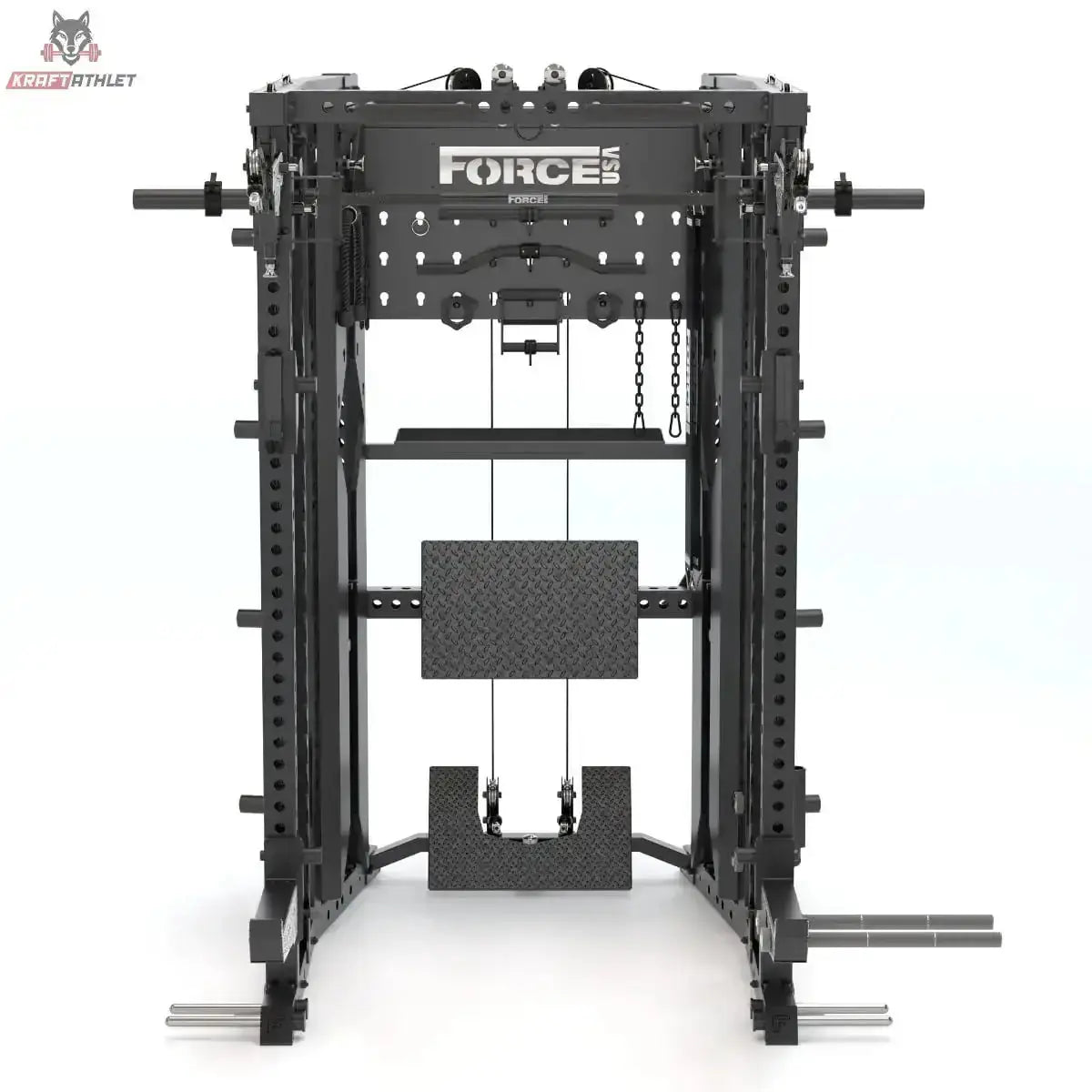 Force USA C20 All-In-One Trainer – Frontansicht mit Kabelzug und Sitz