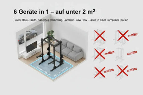 Force USA C20 All-In-One Trainer – Infografik zum Platzbedarf im Wohnraum