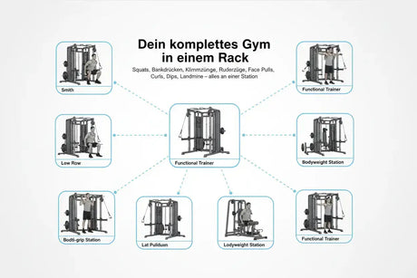 Force USA C20 All-In-One Trainer – Infografik mit Übersicht der Trainingsstationen