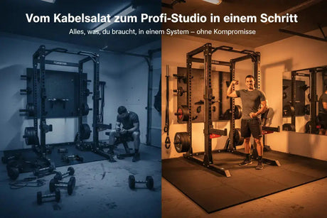 Force USA C20 All-In-One Trainer – Infografik vom Heimraum zum Profi-Studio mit zwei Trainingsszenen