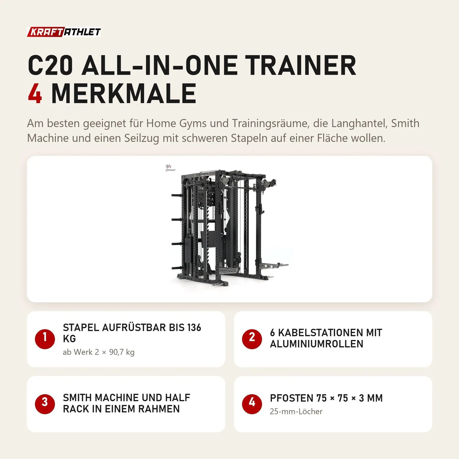Force USA C20 All-In-One Trainer mit 4 Merkmalen: Stapel aufrüstbar bis 136 kg, 6 Kabelstationen mit Aluminiumrollen, Smith Machine und Half Rack in einem Rahmen, Pfosten 75 × 75 × 3 mm