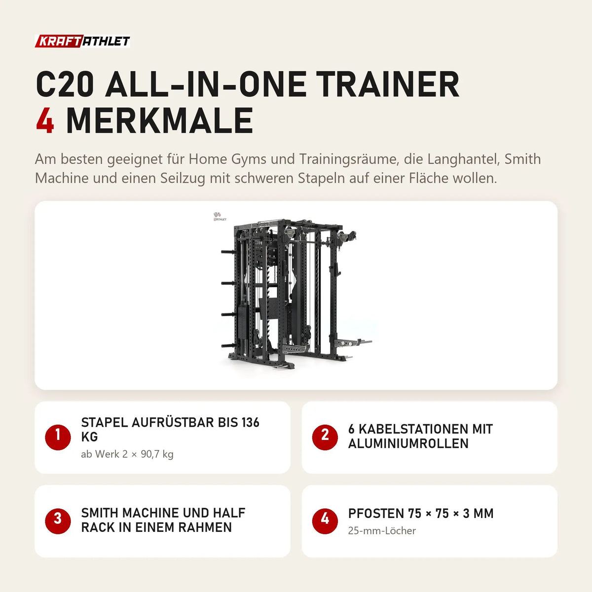 Force USA C20 All-In-One Trainer mit 4 Merkmalen: Stapel aufrüstbar bis 136 kg, 6 Kabelstationen mit Aluminiumrollen, Smith Machine und Half Rack in einem Rahmen, Pfosten 75 × 75 × 3 mm