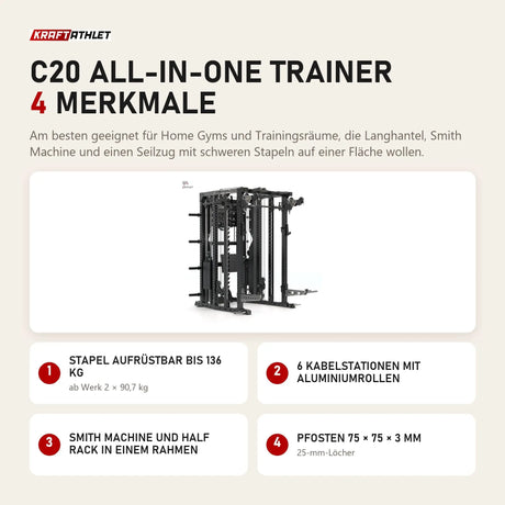 Force USA C20 All-In-One Trainer mit 4 Merkmalen: Stapel aufrüstbar bis 136 kg, 6 Kabelstationen mit Aluminiumrollen, Smith Machine und Half Rack in einem Rahmen, Pfosten 75 × 75 × 3 mm