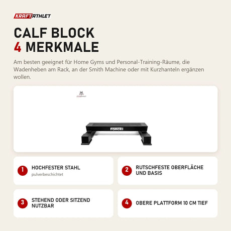 Force USA Calf Block mit 4 Merkmalen: Hochfester Stahl, Rutschfeste Oberfläche und Basis, Stehend oder sitzend nutzbar, Obere Plattform 10 cm tief