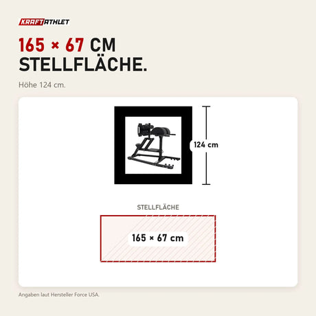 Maßbild Force USA Commercial GHR/GHD V2: Stellfläche 165 × 67 cm, Höhe 124 cm
