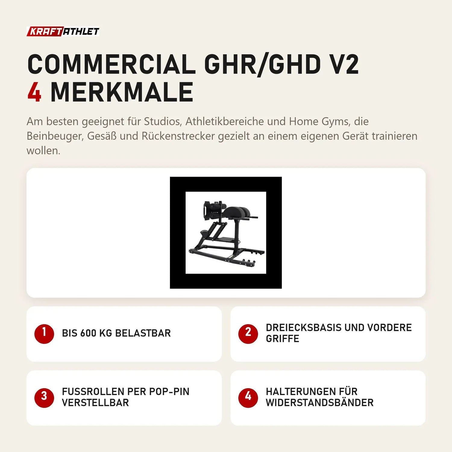 Force USA Commercial GHR/GHD V2 mit 4 Merkmalen: Bis 600 kg belastbar, Dreiecksbasis und vordere Griffe, Fußrollen per Pop-Pin verstellbar, Halterungen für Widerstandsbänder