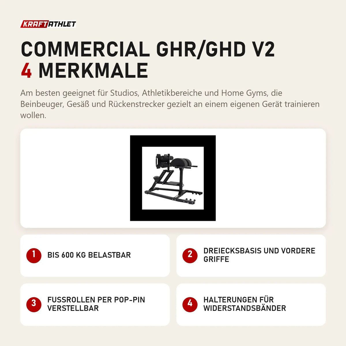 Force USA Commercial GHR/GHD V2 mit 4 Merkmalen: Bis 600 kg belastbar, Dreiecksbasis und vordere Griffe, Fußrollen per Pop-Pin verstellbar, Halterungen für Widerstandsbänder
