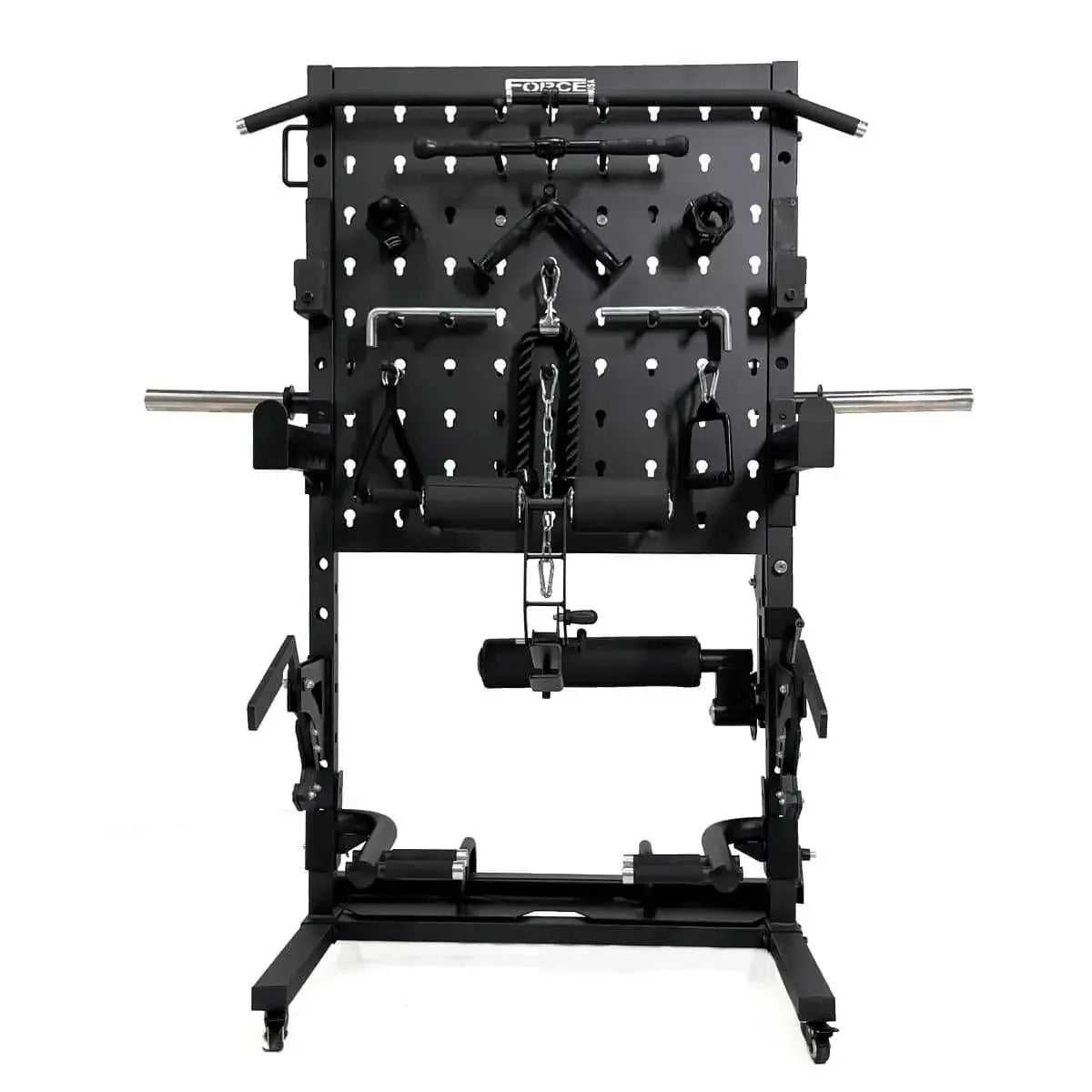 Force USA Storage Rack Pro – versatile storage rack with pegboard design and transport wheels.
