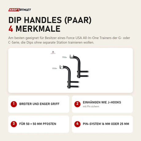 Force USA Dip Handles (Paar) mit 4 Merkmalen: Breiter und enger Griff, Einhängen wie J-Hooks, Für 50 × 50 mm Pfosten, Pin-System 16 mm oder 25 mm