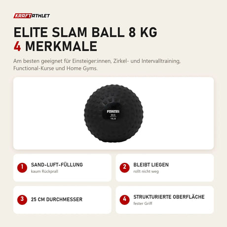 Force USA Elite Slam Ball 8 kg mit 4 Merkmalen: Sand-Luft-Füllung, Bleibt liegen, 25 cm Durchmesser, Strukturierte Oberfläche