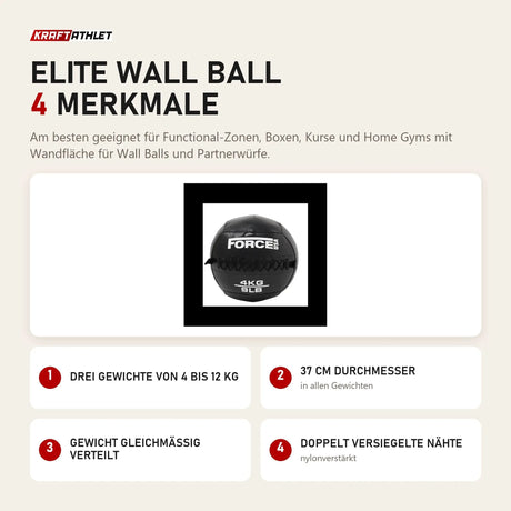 Force USA Elite Wall Ball mit 4 Merkmalen: Drei Gewichte von 4 bis 12 kg, 37 cm Durchmesser, Gewicht gleichmäßig verteilt, Doppelt versiegelte Nähte