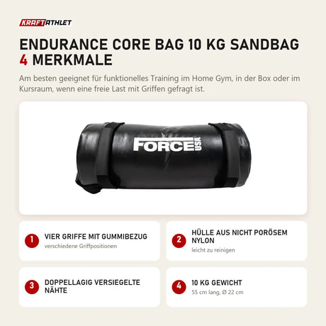 Force USA Endurance Core Bag 10 kg Sandbag mit 4 Merkmalen: Vier Griffe mit Gummibezug, Hülle aus nicht porösem Nylon, Doppellagig versiegelte Nähte, 10 kg Gewicht
