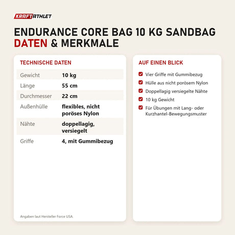 Technische Daten und Merkmale von Force USA Endurance Core Bag 10 kg Sandbag als Tabelle