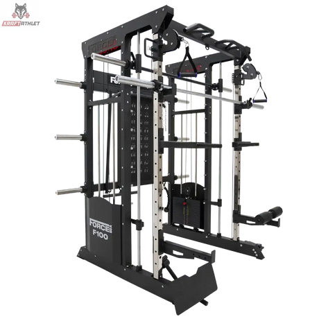 Force USA F100 V2 All-In-One Trainer in Schwarz, Draufsicht von schräg oben auf Rack und Zugstationen