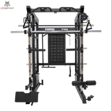 Force USA F100 V2 All-In-One Trainer in Schwarz, Frontansicht mit Langhantel, Seilzügen und Beinablage