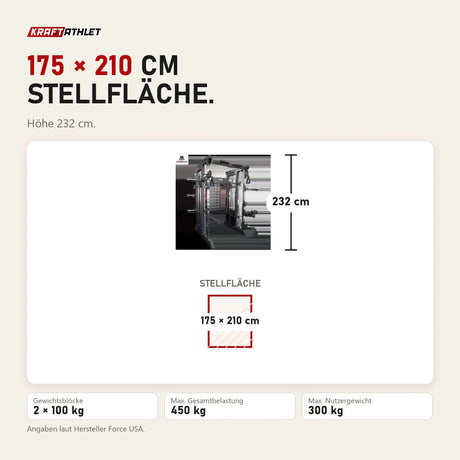 Maßbild Force USA F100 V2 All-In-One Trainer: Stellfläche 175 × 210 cm, Höhe 232 cm