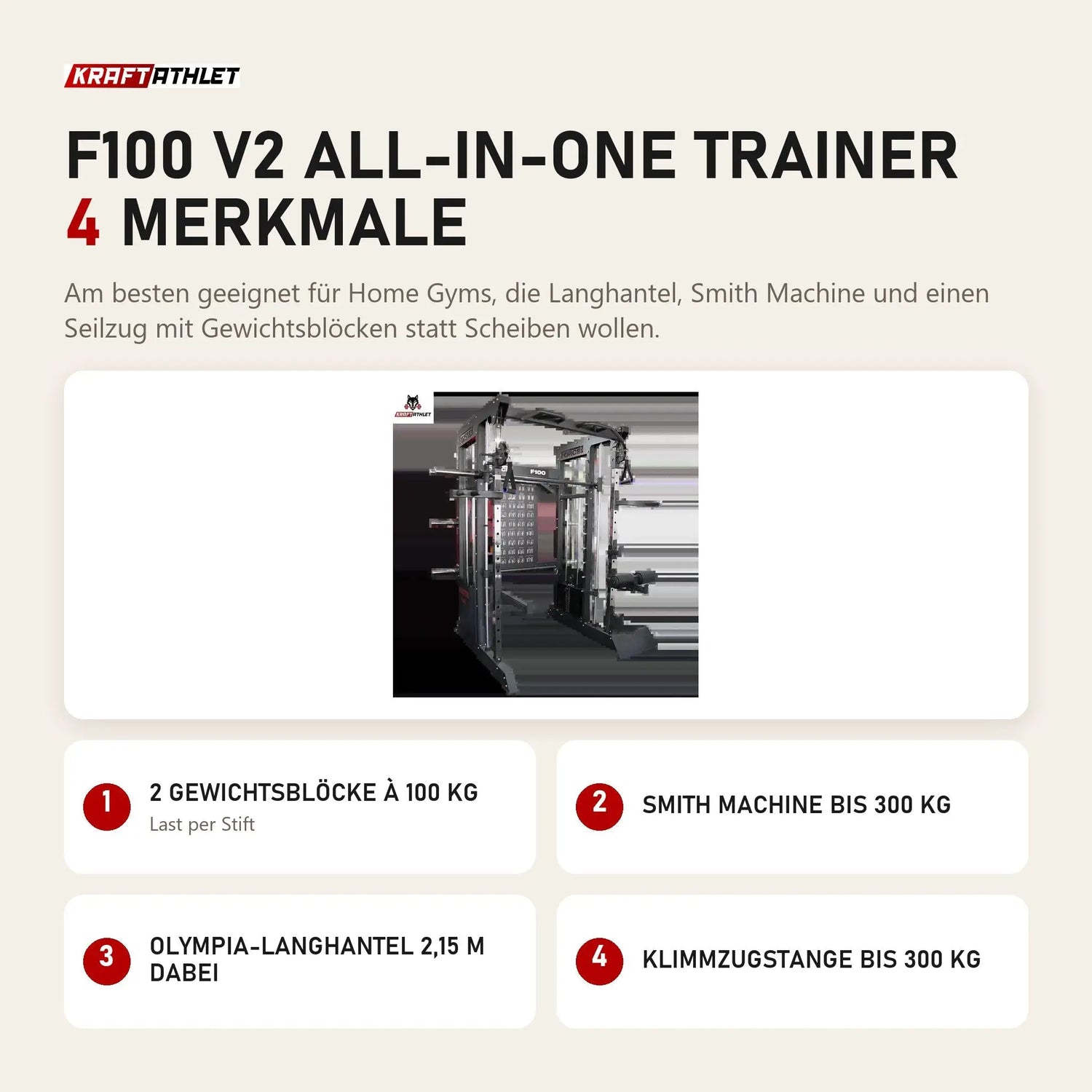 Force USA F100 V2 All-In-One Trainer mit 4 Merkmalen: 2 Gewichtsblöcke à 100 kg, Smith Machine bis 300 kg, Olympia-Langhantel 2,15 m dabei, Klimmzugstange bis 300 kg