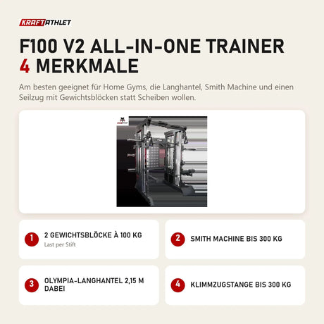 Force USA F100 V2 All-In-One Trainer mit 4 Merkmalen: 2 Gewichtsblöcke à 100 kg, Smith Machine bis 300 kg, Olympia-Langhantel 2,15 m dabei, Klimmzugstange bis 300 kg