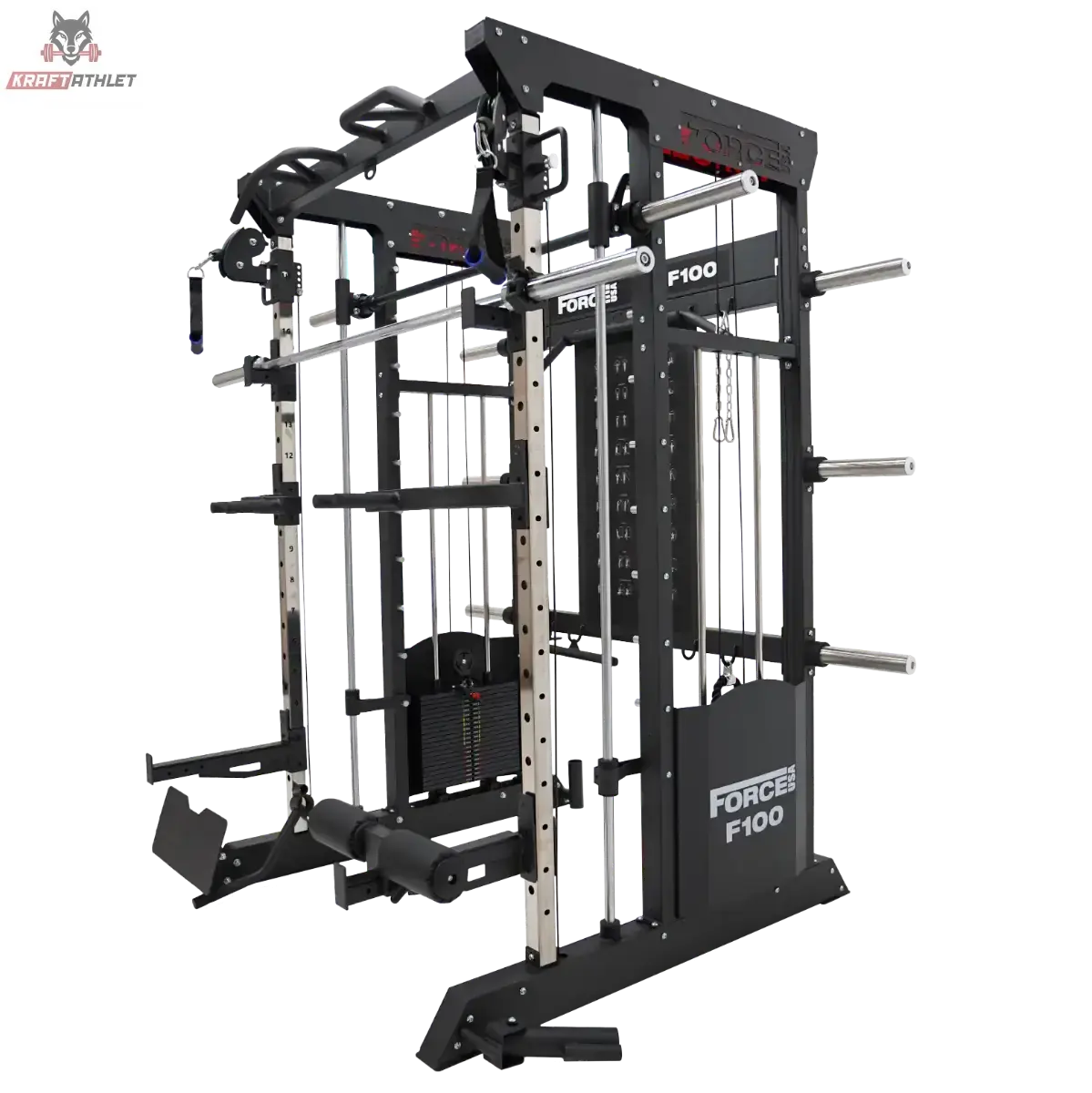 Force USA F100 V2 All-In-One Trainer in Schwarz, Seitenansicht mit Hantelablagen und Stapelgewicht