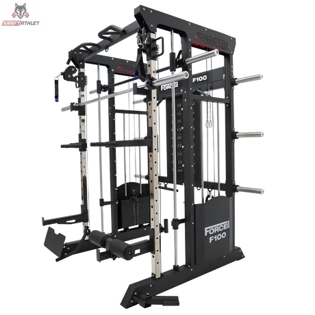 Force USA F100 V2 All-In-One Trainer in Schwarz, Seitenansicht mit Hantelablagen und Stapelgewicht