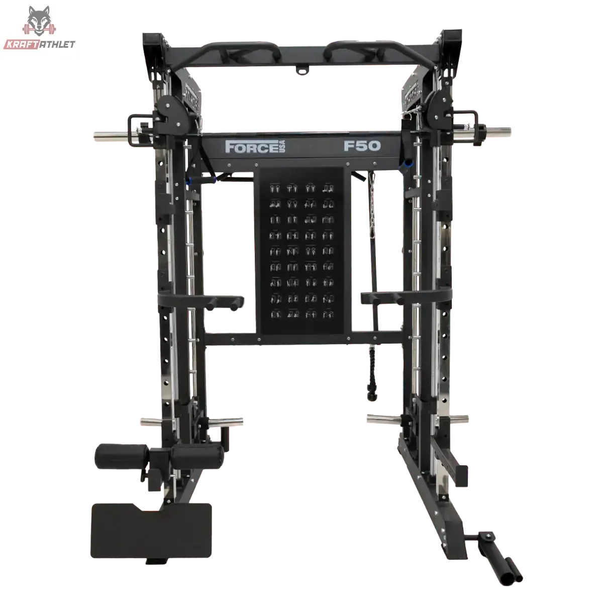 Force USA F50 V2 All-In-One Trainer in Frontansicht mit Smith-Stange und Beinablage