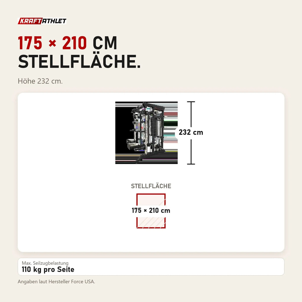 Maßbild Force USA F50 V2 All-In-One Trainer: Stellfläche 175 × 210 cm, Höhe 232 cm
