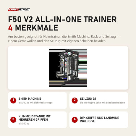 Force USA F50 V2 All-In-One Trainer mit 4 Merkmalen: Smith Machine, Seilzug 2:1, Klimmzugstange mit mehreren Griffen, Dip-Griffe und Landmine inklusive