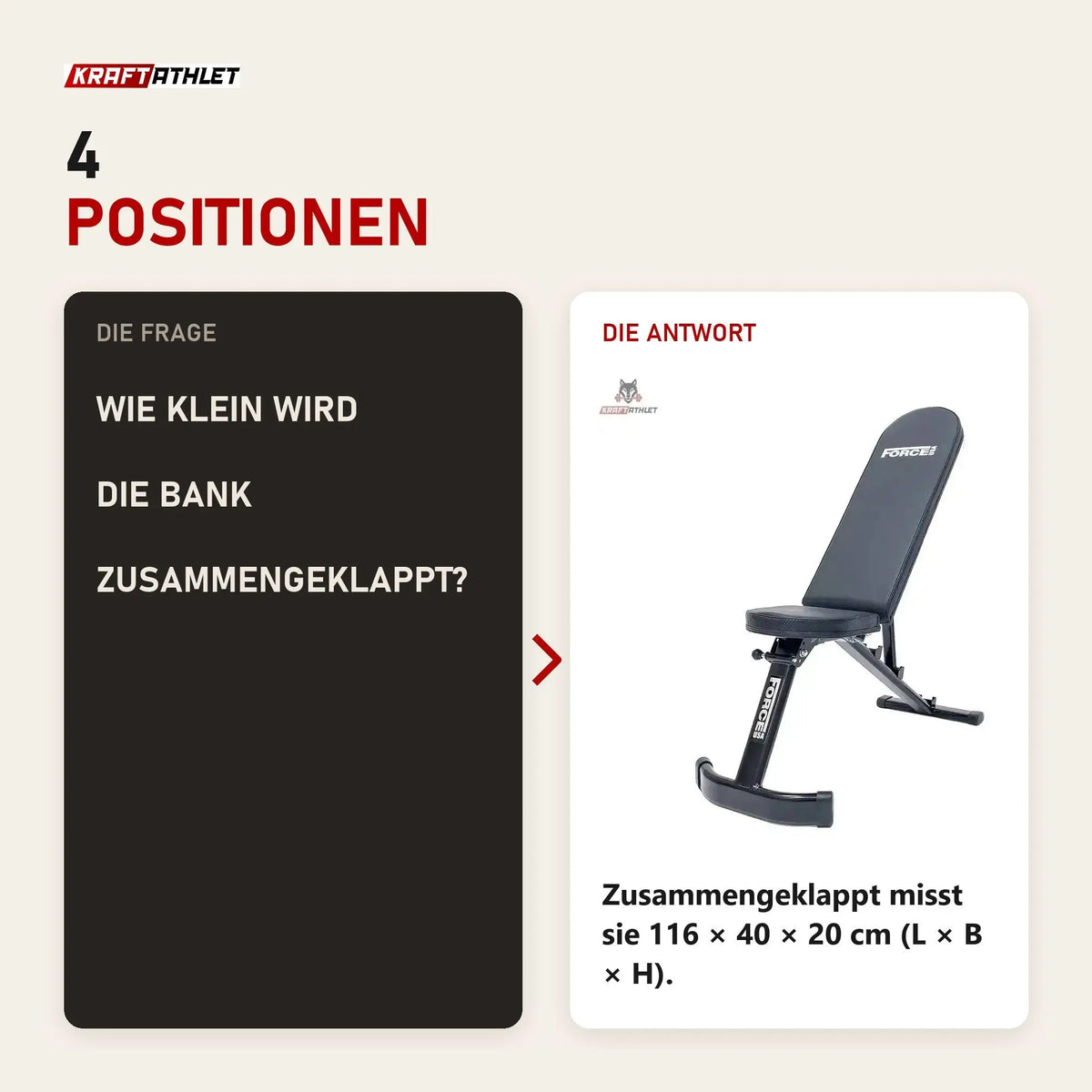 Frage und Antwort zu Force USA Folding FID Bench klappbare Hantelbank: Wie klein wird die Bank zusammengeklappt?