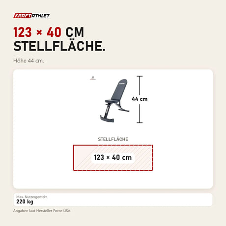 Maßbild Force USA Folding FID Bench klappbare Hantelbank: Stellfläche 123 × 40 cm, Höhe 44 cm