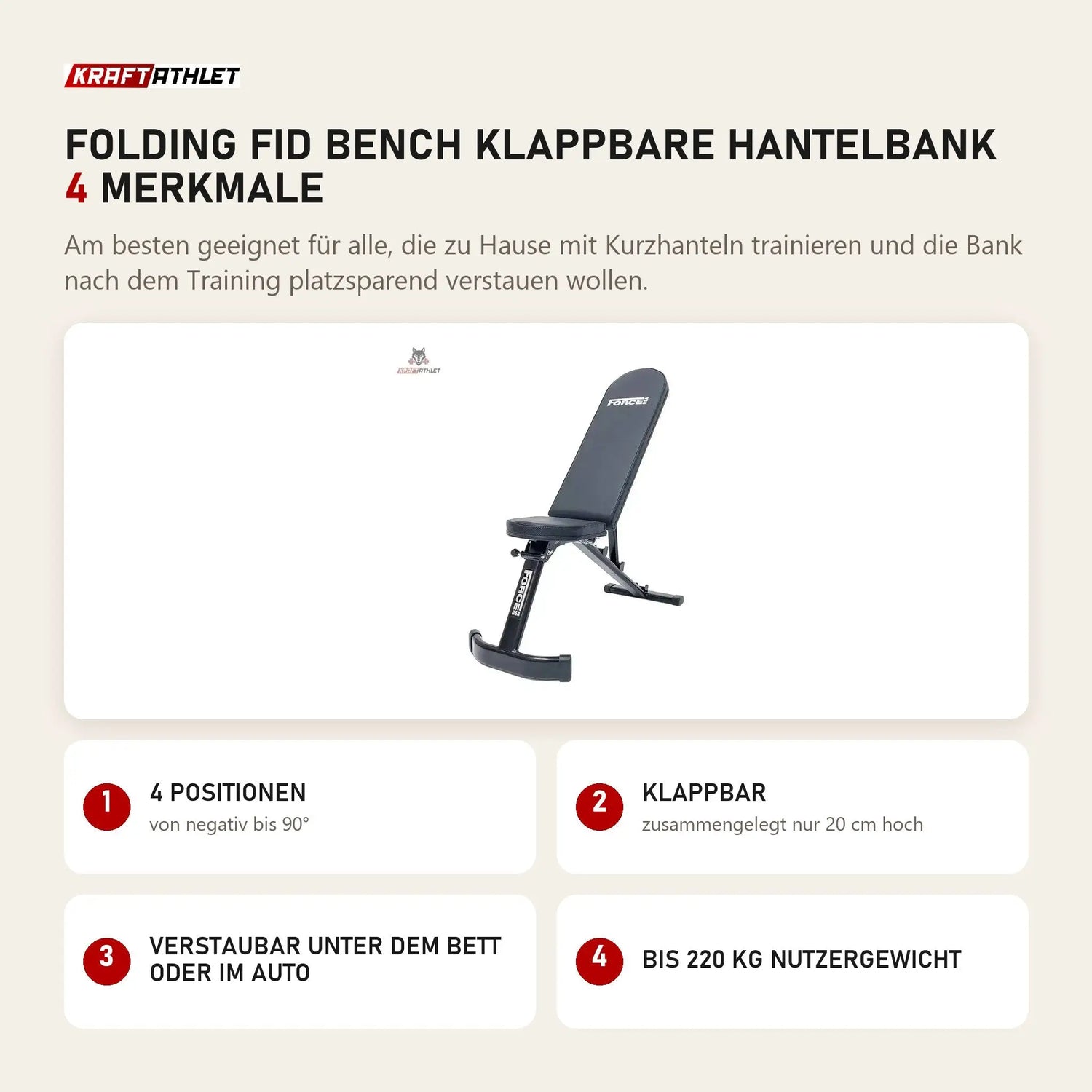 Force USA Folding FID Bench klappbare Hantelbank mit 4 Merkmalen: 4 Positionen, Klappbar, Verstaubar unter dem Bett oder im Auto, Bis 220 kg Nutzergewicht