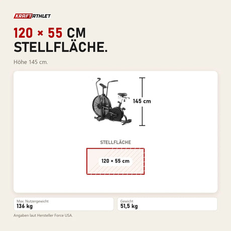 Maßbild Force USA Freeform Air Bike: Stellfläche 120 × 55 cm, Höhe 145 cm
