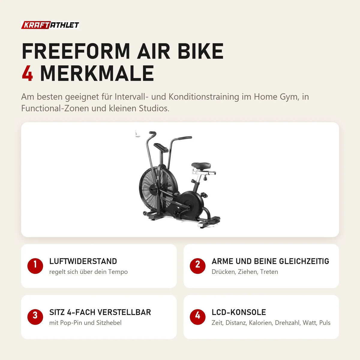 Force USA Freeform Air Bike mit 4 Merkmalen: Luftwiderstand, Arme und Beine gleichzeitig, Sitz 4-fach verstellbar, LCD-Konsole