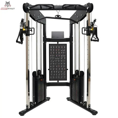 Force USA Functional Trainer Doppel-Kabelzug in Frontansicht mit zwei Gewichtsstapeln und Klimmzugstange