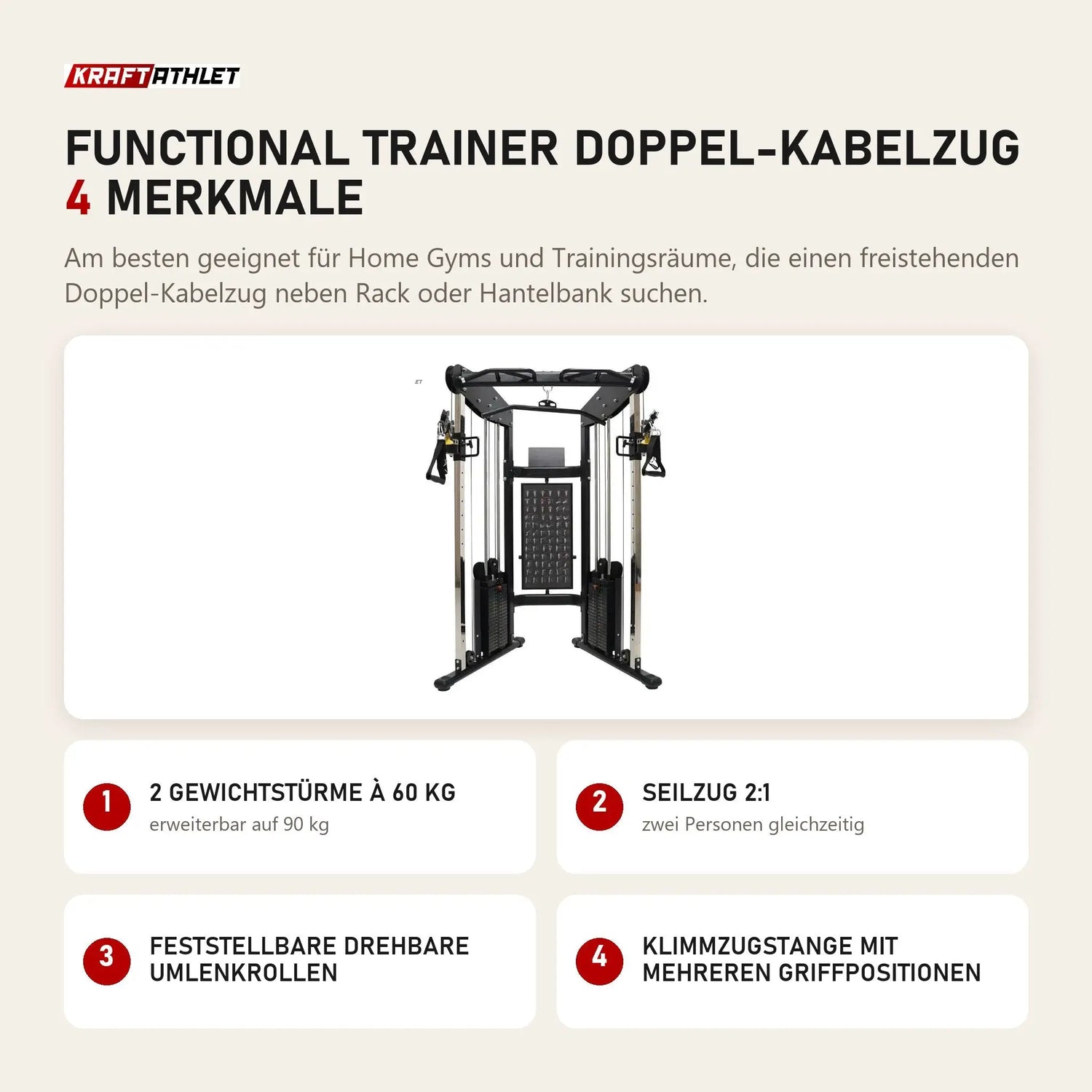 Force USA Functional Trainer Doppel-Kabelzug mit 4 Merkmalen: 2 Gewichtstürme à 60 kg, Seilzug 2:1, Feststellbare drehbare Umlenkrollen, Klimmzugstange mit mehreren Griffpositionen