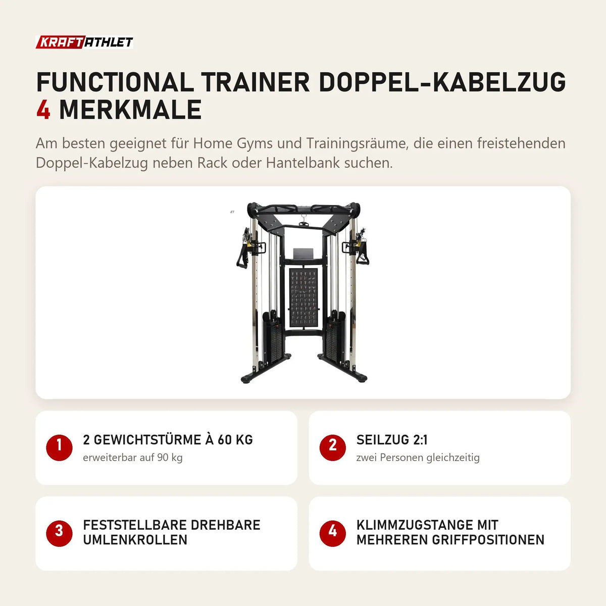 Force USA Functional Trainer Doppel-Kabelzug mit 4 Merkmalen: 2 Gewichtstürme à 60 kg, Seilzug 2:1, Feststellbare drehbare Umlenkrollen, Klimmzugstange mit mehreren Griffpositionen