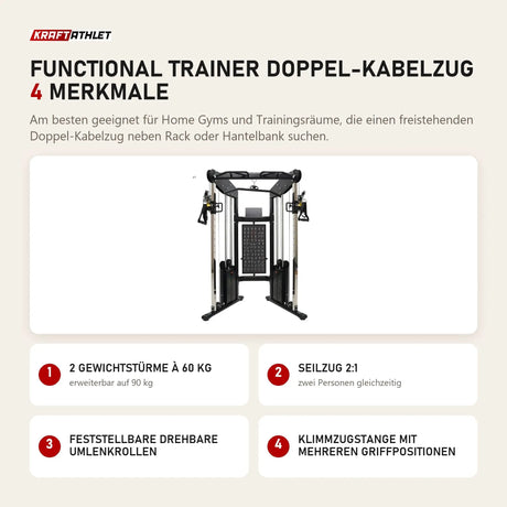 Force USA Functional Trainer Doppel-Kabelzug mit 4 Merkmalen: 2 Gewichtstürme à 60 kg, Seilzug 2:1, Feststellbare drehbare Umlenkrollen, Klimmzugstange mit mehreren Griffpositionen