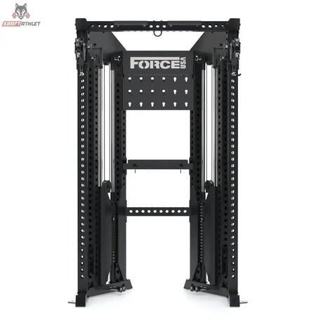 Force USA Functional Trainer Rack mit Half Rack in Schwarz, Frontansicht mit Gewichtsverkleidung