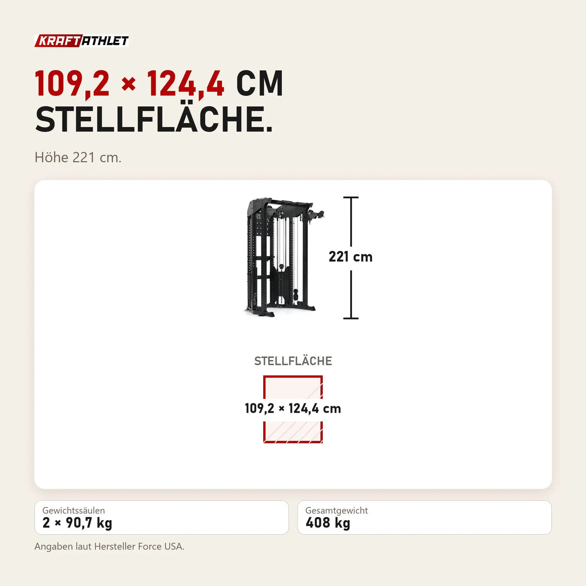 Maßbild Force USA Functional Trainer Rack mit Half Rack: Stellfläche 109,2 × 124,4 cm, Höhe 221 cm