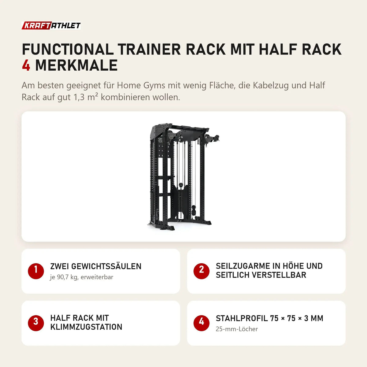 Force USA Functional Trainer Rack mit Half Rack mit 4 Merkmalen: Zwei Gewichtssäulen, Seilzugarme in Höhe und seitlich verstellbar, Half Rack mit Klimmzugstation, Stahlprofil 75 × 75 × 3 mm
